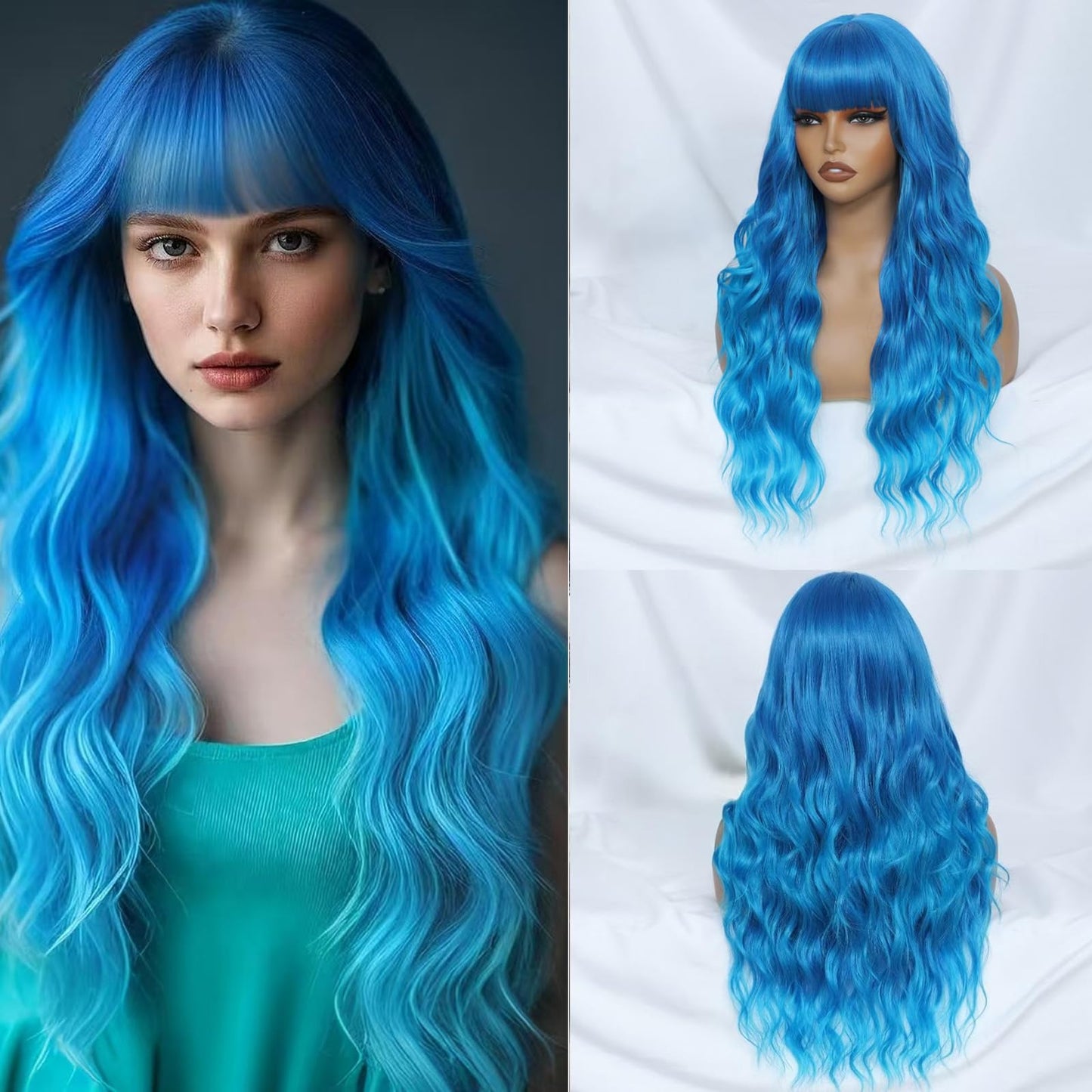 FEIVOSILAN Ombre Blue Wig with Bangs for Women, Long Wavy Blue Wig 26 Inch Wigs Heat Resistant Synthetic Colorful Wig