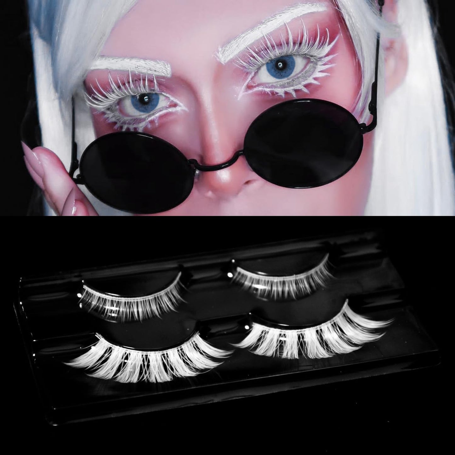 AUGENLI Halloween White False Lashes Upper & Bottom Extension Tools Japanese Anime Cosplay Natural Makeup Looking Masquerade Party Eye Lashes (01A)