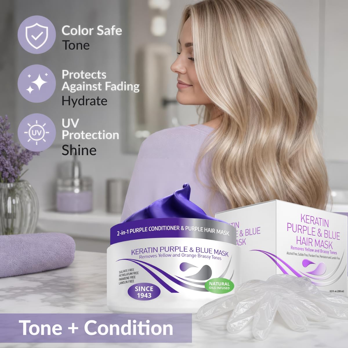 VITAMINS hair cosmetics Keratin Purple Hair Mask - Blue Hair Mask Deep Conditioner Treatment - Blonde Toner to Neutralize Brassiness in Brassy Blonde, Silver, White, Gray & Brown Locks