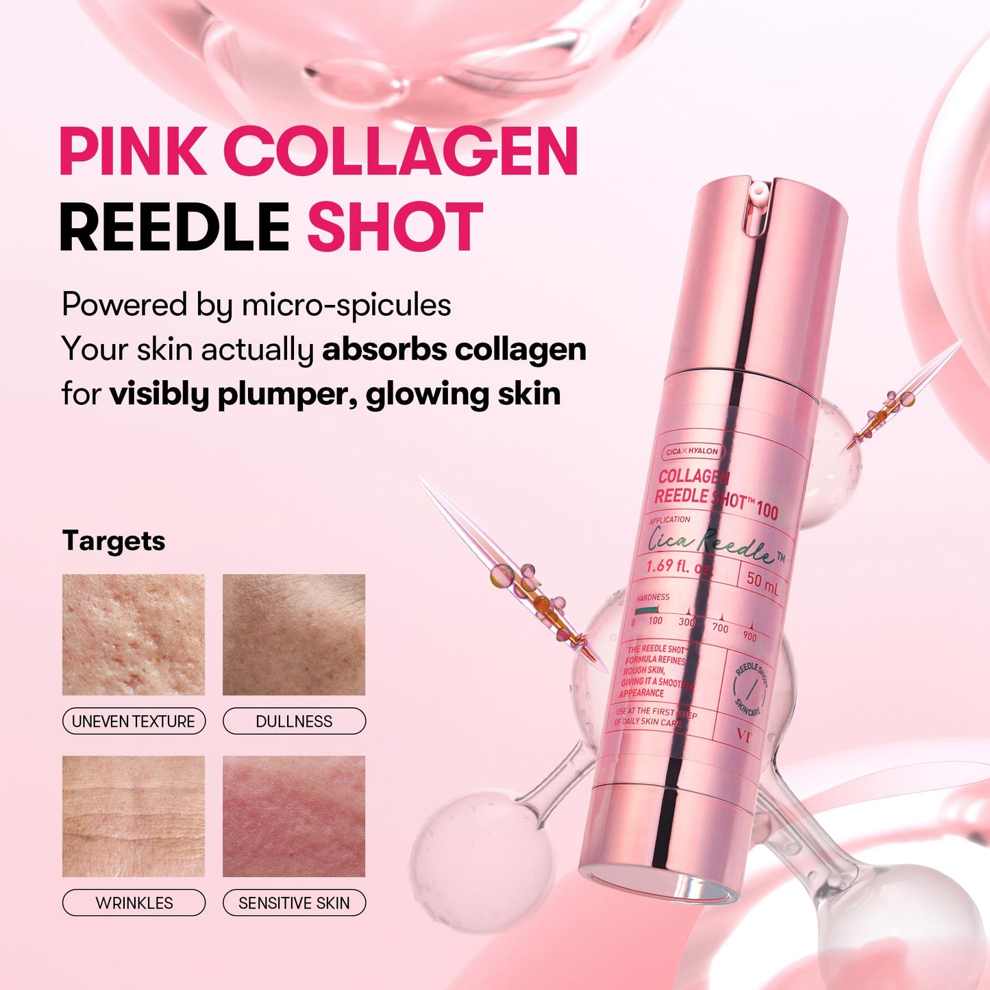 VT COSMETICS Collagen Reedle Shot 100 Serum, Pink Skin Booster for Plumping, Firming & Glowing Skin, 500Da Low Molecular Extract, Spicule Microneedle Treatment, K-Beauty Face Serum, 1.69 fl oz (50ml)