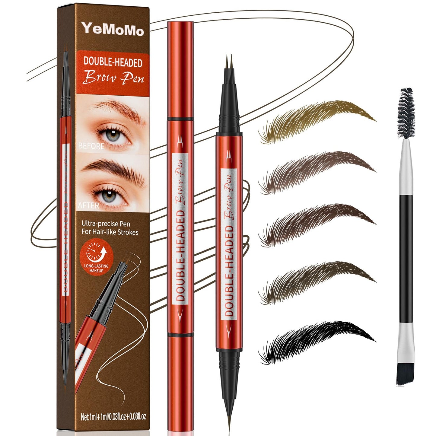 YeMoMo Double-Headed Eyebrow Pen, Ultra-Precise Dual Brush Tip, Long-Lasting Hair-Like Strokes, Available in 5 Natural Shades (1#Lgiht Brown)
