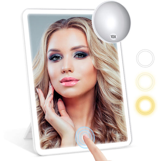 BESWON Rechargeable Travel Makeup Mirror with Lights, Portable Makeup Vanity Mirror with 10X Magnifying Mirror, 3 Color Lighting, High Capacity 2000mAh Battery, Travel Essential