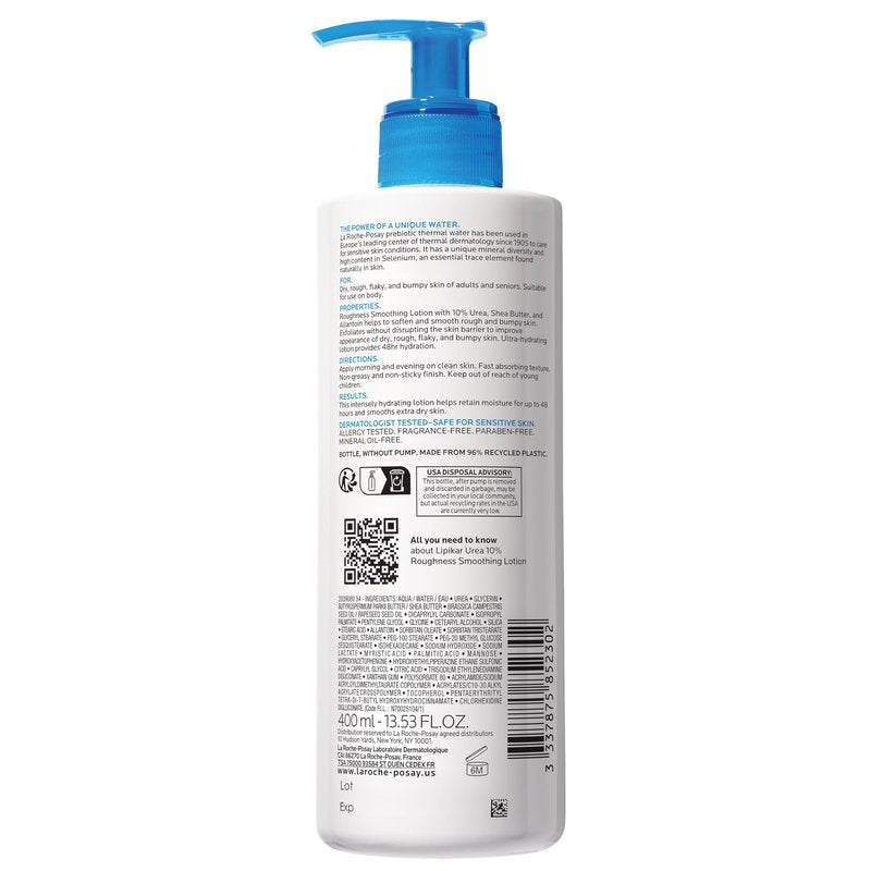 La Roche-Posay Lipikar Urea 10% Roughness Smoothing Lotion, Body Lotion For Dry Skin With 10% Urea + Shea Butter + Allantoin, Rough And Bumpy Skin Lotion, Softens & Smooths Skin With 1 Application