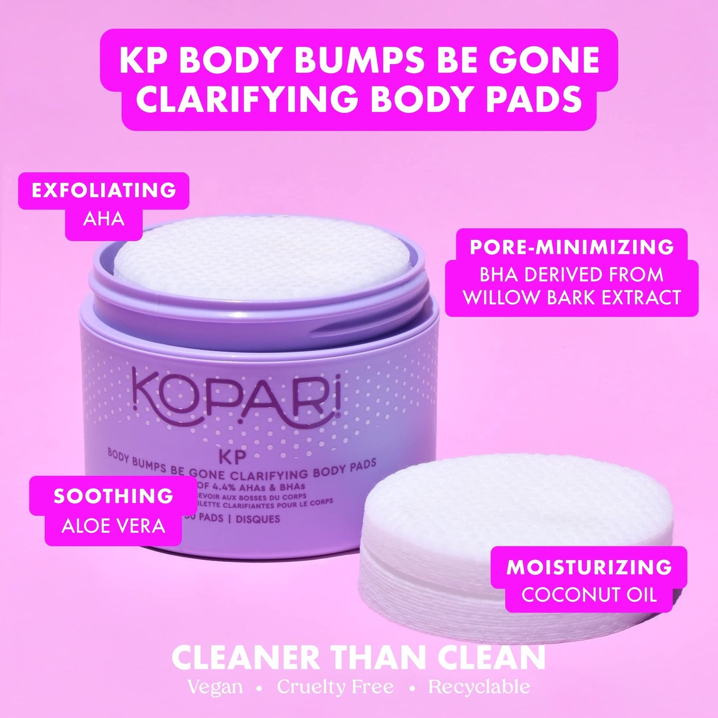 Kopari KP Body Bumps Be Gone Clarifying Body Pads with 4.4% AHAs & BHAs | Reduces the Appearance of Pores and Bumps | Brighten Dark Spots & Smooths Skin Texture | 50 Pads