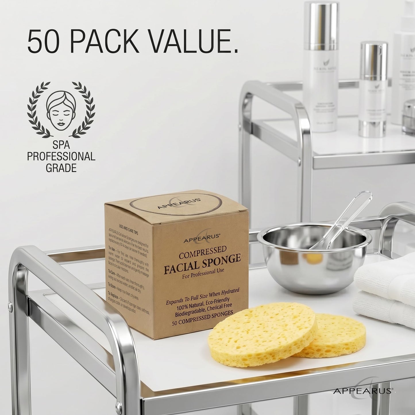 Appearus Natural Cellulose Facial Sponges – 50 Pack (Compressed) – Professional Spa Facial Sponge Pads for Cleansing, Exfoliating, Makeup Removal – Natural Yellow – Gentle on Sensitive Skin