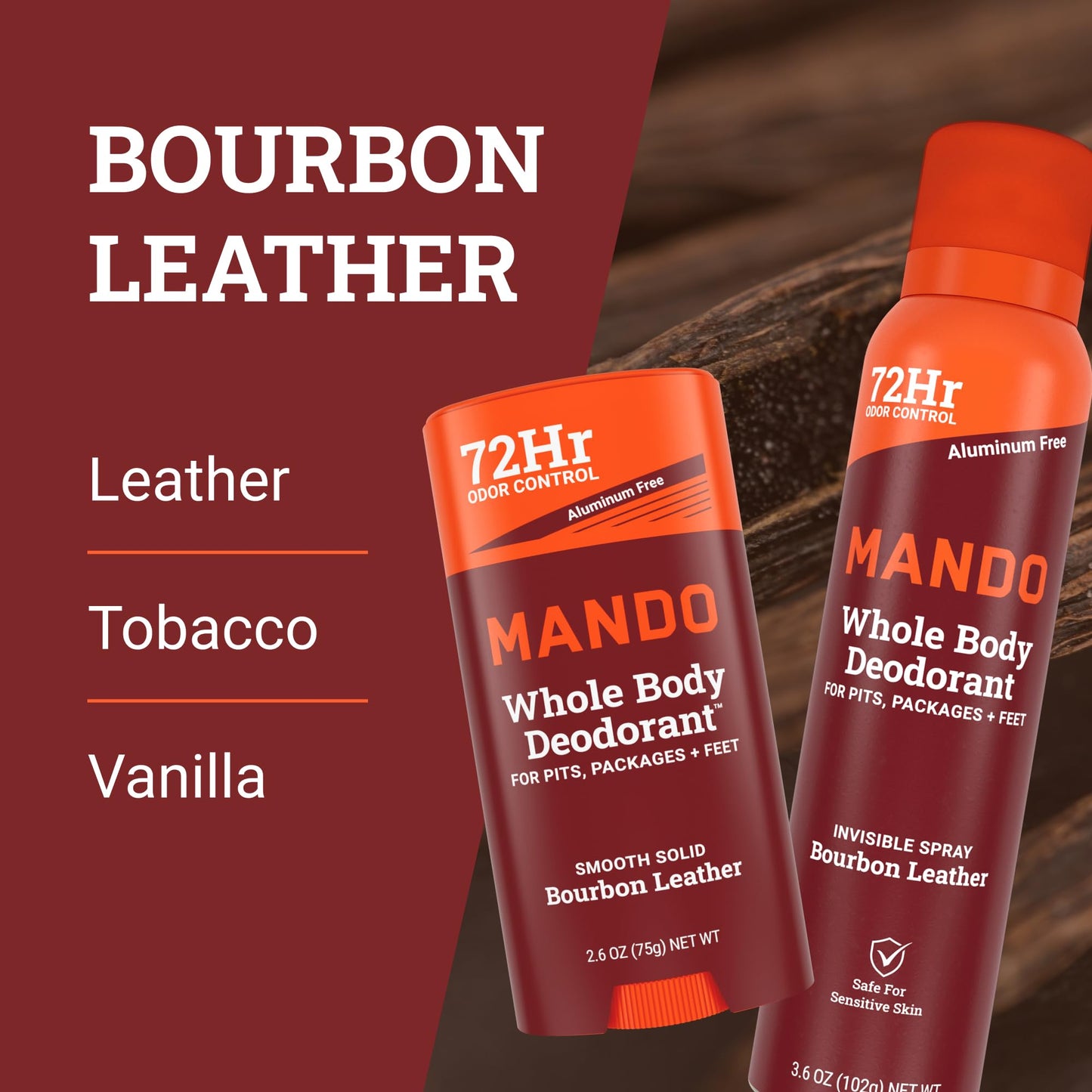 Mando Whole Body Three Piece System - 2.6oz Smooth Solid Stick, 3.6oz Deodorant Spray, 15ct Deodorant Wipes - Aluminum & Baking Soda Free Odor Control - Doctor Developed - 3pc Bundle (Bourbon Leather)