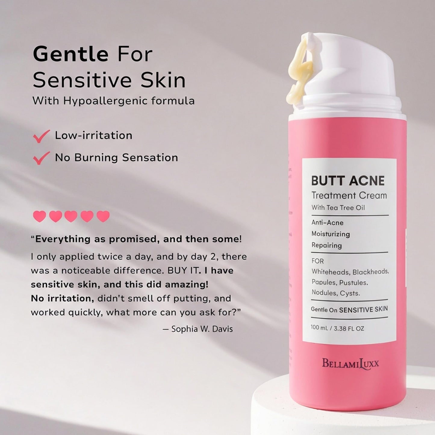 BellamiLuxx Butt Acne Clearing Treatment Lotion: 2% Salicylic Acid Body Acne Treatment for Breakouts on Buttocks & Thighs, Folliculitis, Bumps, Rough Texture - Tea Tree Oil Butt Cream for Smooth Skin