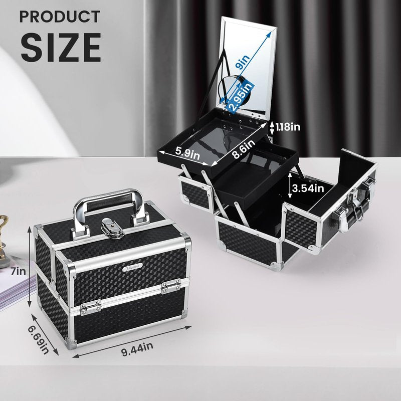 Joligrace Makeup Box Cosmetic Train Case Portable Makeup Organizer Case with Mirror 2 Tray Make up Storage Case for Nail Teach Craft Sewing Travel Vanity Modern Style Black