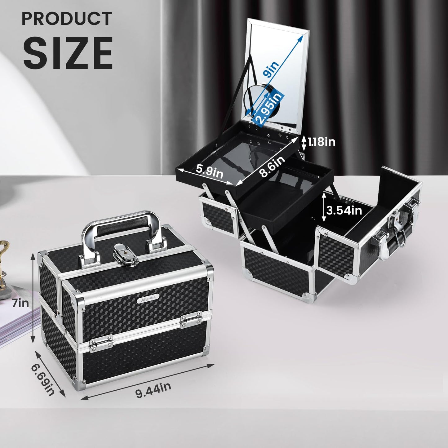Joligrace Makeup Box Cosmetic Train Case Portable Makeup Organizer Case with Mirror 2 Tray Make up Storage Case for Nail Teach Craft Sewing Travel Vanity Modern Style Black