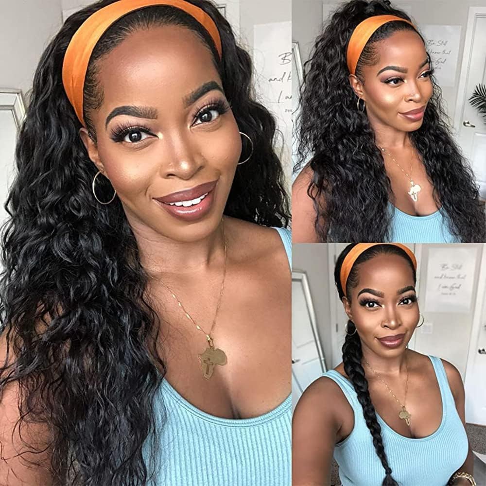 Emistar Curly Headband Wigs for Black Women Wet and Wavy Afro Headband Wig Water Wave Blend Human Hair & Synthetic Hair Ready to Go Glueless Half Wigs 180% Density (#1B, 22 Inch)