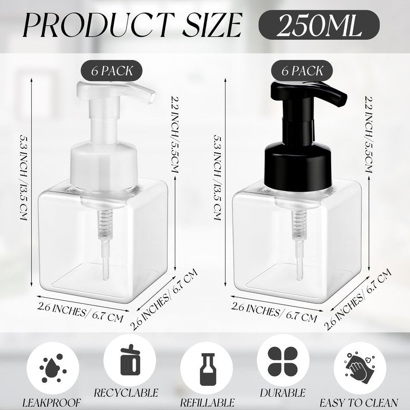 Domensi 12 Pcs Black White Foaming Soap Dispenser 8.5 oz Foam Pump Bottle Empty Travel Foaming Dispenser Refillable Hand Soap Plastic Pump Bottle Travel Clear Container for Bathroom Vanities