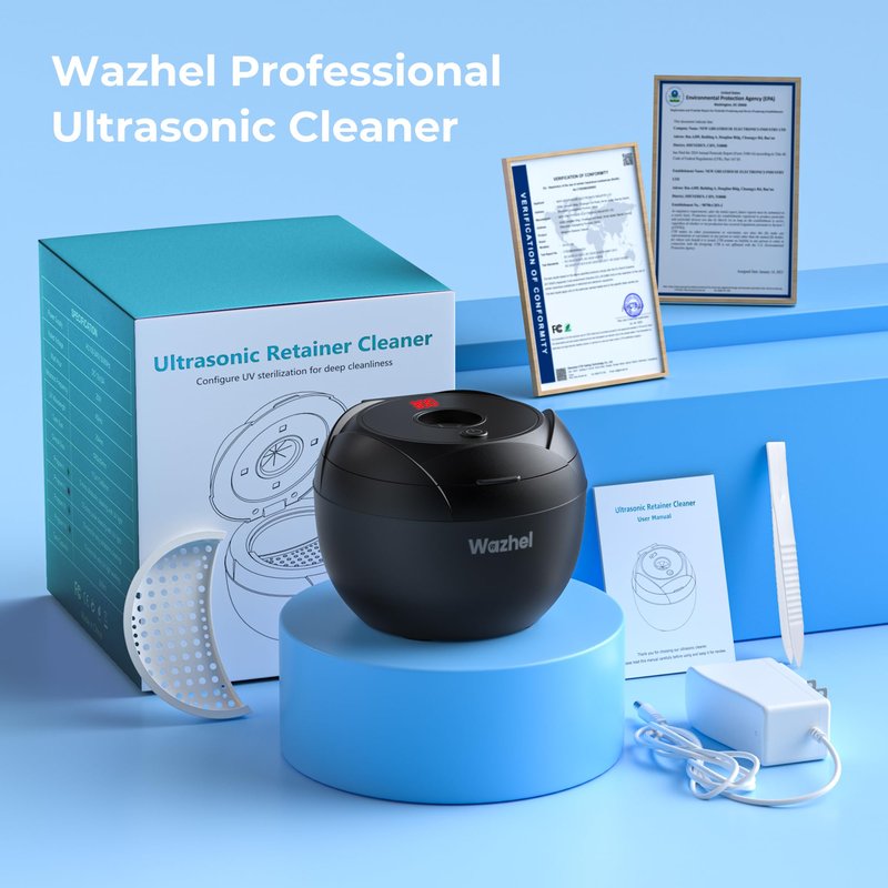 Wazhel Ultrasonic Retainer Cleaner Machine, 45kHz Dental Cleaning Pod for Denture, Mouth Guard, Night Guard, Aligner, Braces, Toothbrush, 200ML Denture Cleaner with Digital Timer & 4 Modes, Black