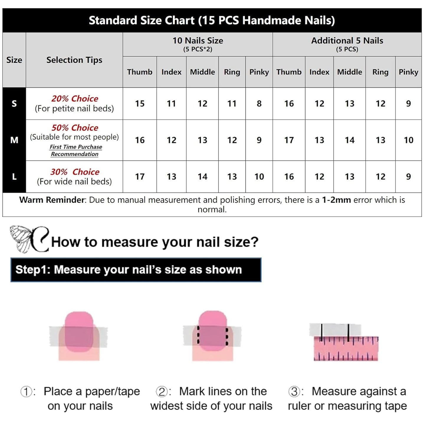Short Almond Press On Nails - Handmade Acrylic False Nails for Women | 15 PCS, Size S