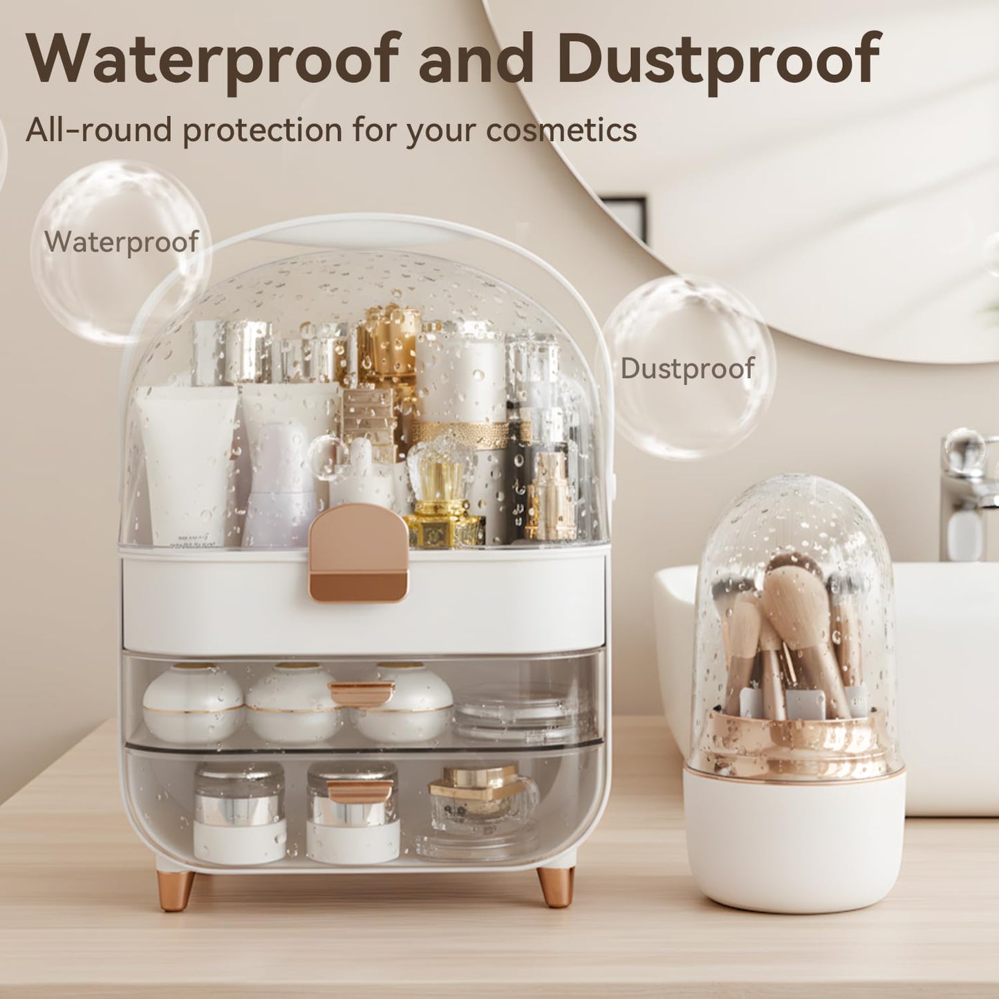 Makeup Organizer for Vanity with Brush Holder, Lid and 2 Drawers, Rose Gold