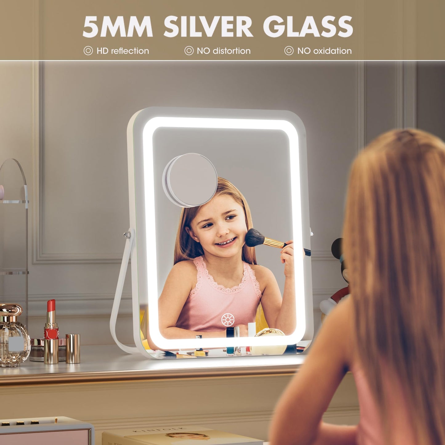 Hasipu LED Makeup Mirror with Bluetooth Speaker, 11" x 14" Vanity Mirror with Lights, 3 Modes Light, Smart Touch Control Dimmable, Rectangle White Frame