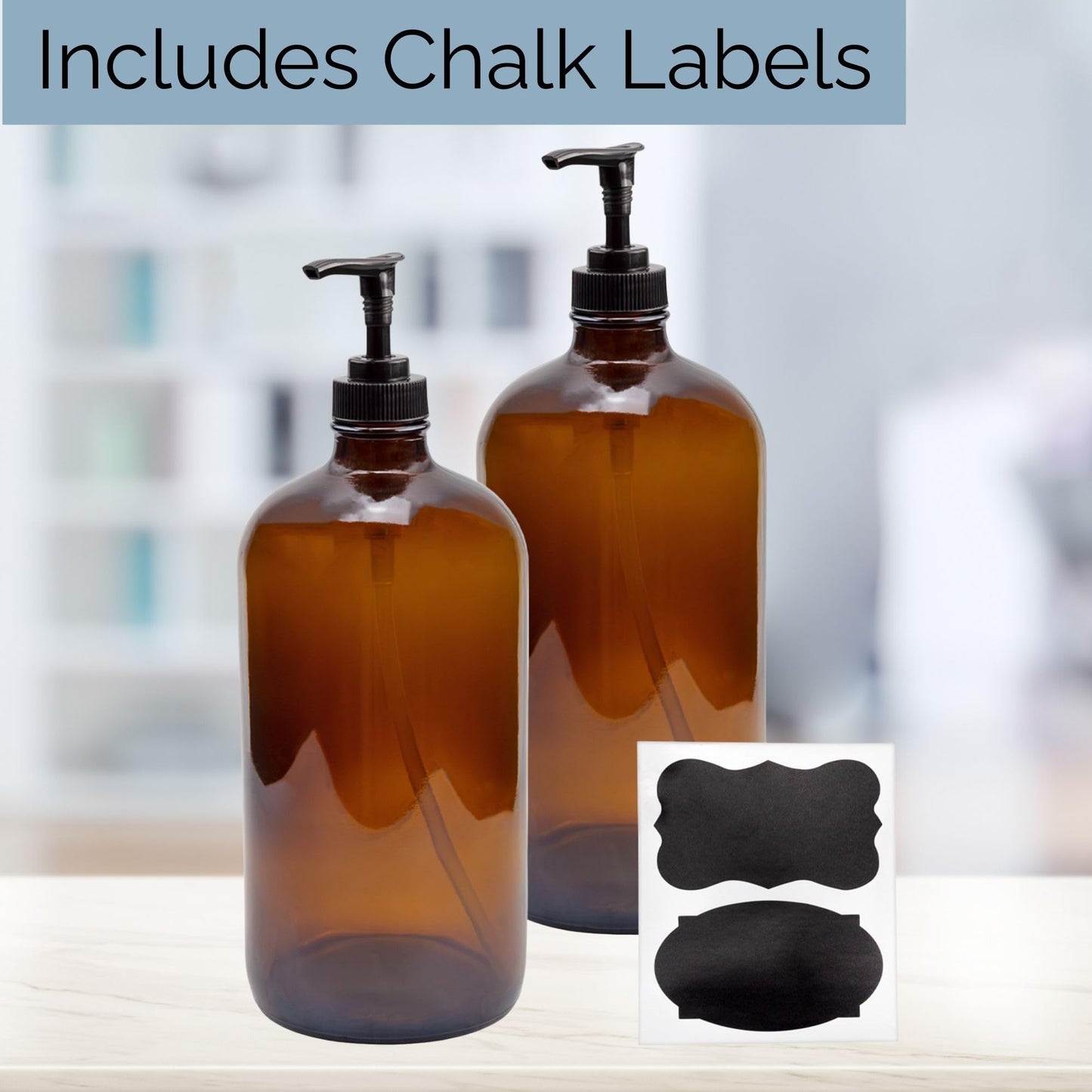 Cornucopia Brands 32-Ounce Amber Glass Lotion Pump Bottles (2-Pack); Quart Size Brown Bottles w/Black Plastic Locking Pump Dispensers; Includes Chalk Labels
