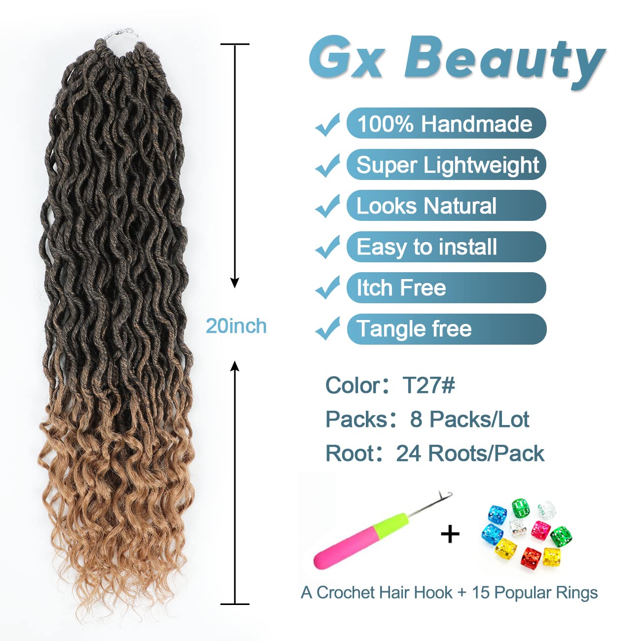 Goddess Locs Crochet Hair - 8 Packs 20 Inch Curly Faux Locs for Black Women, Crochet Pre-Looped Curly Hair Soft Faux Locs Synthetic Braiding Hair Extensions (20 Inch, 8 Packs, T27#)