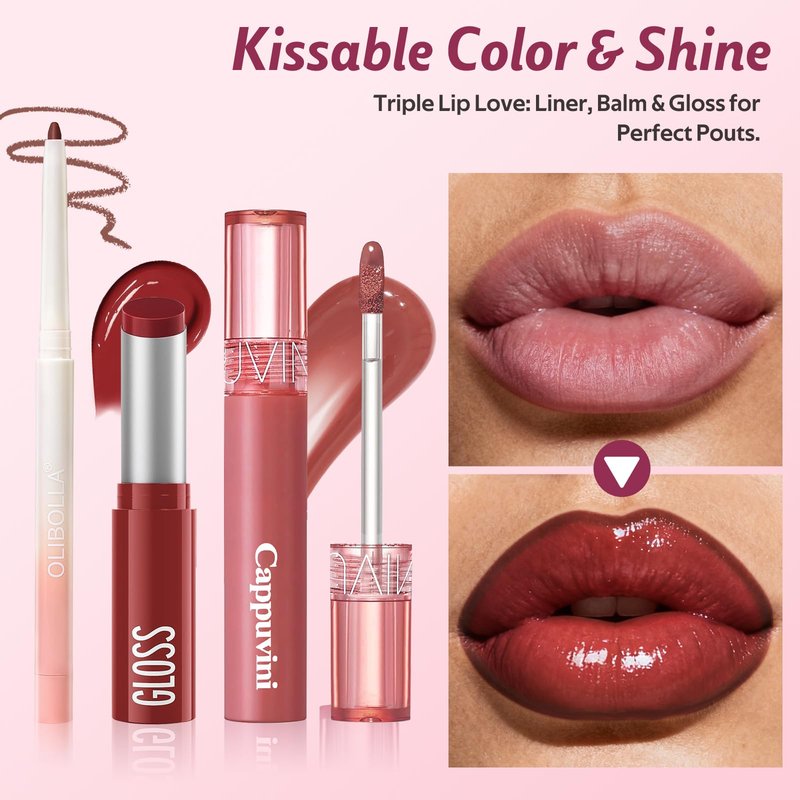 3 Pack Lip Combo Set - Matte Lip Liner Pencil + Hydrating Tinted Lip Balm + Plumping Lip Gloss, Non-Sticky, Long-Lasting, 3-in-1 Lip Makeup Kit for Plump, Hydrated & Glossy Lips (Berry Mousse Set)