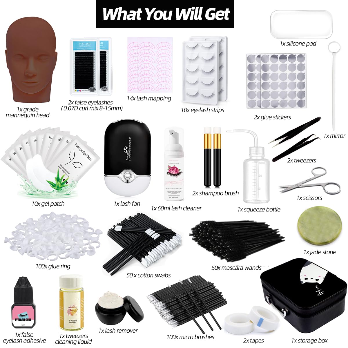 Lash Extension Kit Professional Eyelash Grafting Training Tools Mannequin Head USB Fan Lash Shampoo 0.07D Curl Mix 8-15mm Glue Practice Eyelash Strips Lash Mapping,Exercise Set for Beginner