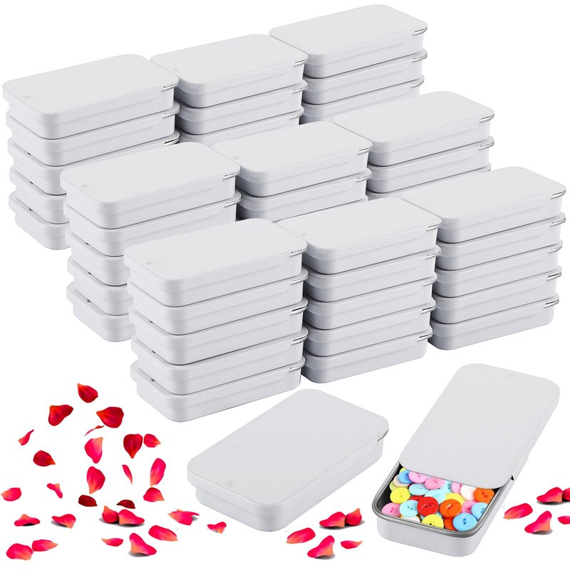 YAYODS 100 Pack Mini Tin Box Small Tin Containers with Slide Top Lids, Empty Mini Metal Tins with Lids for Storage Candies, Jewelry, Crafts, Pills, 2.36 X 1.3 X 0.4 (White)