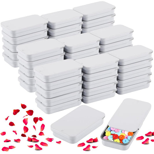 YAYODS 100 Pack Mini Tin Box Small Tin Containers with Slide Top Lids, Empty Mini Metal Tins with Lids for Storage Candies, Jewelry, Crafts, Pills, 2.36 X 1.3 X 0.4 (White)