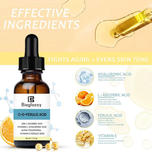 Bioglossy Vitamin CE Ferulic Acid Serum 20% Vitamin C Serum + Vitamin E & Hyaluronic Acid - Skin Moisturizer Face Dark Spot Corrector and Anti Aging 30ml / 1 fl.oz