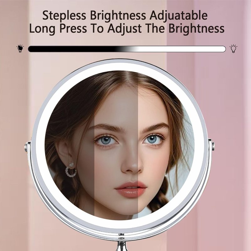 Makeup Mirror with Lights - 8 Inch 1X/10X Double-Sided Magnifying | 360° Rotation, Adjustable Brightness, 3 Colors