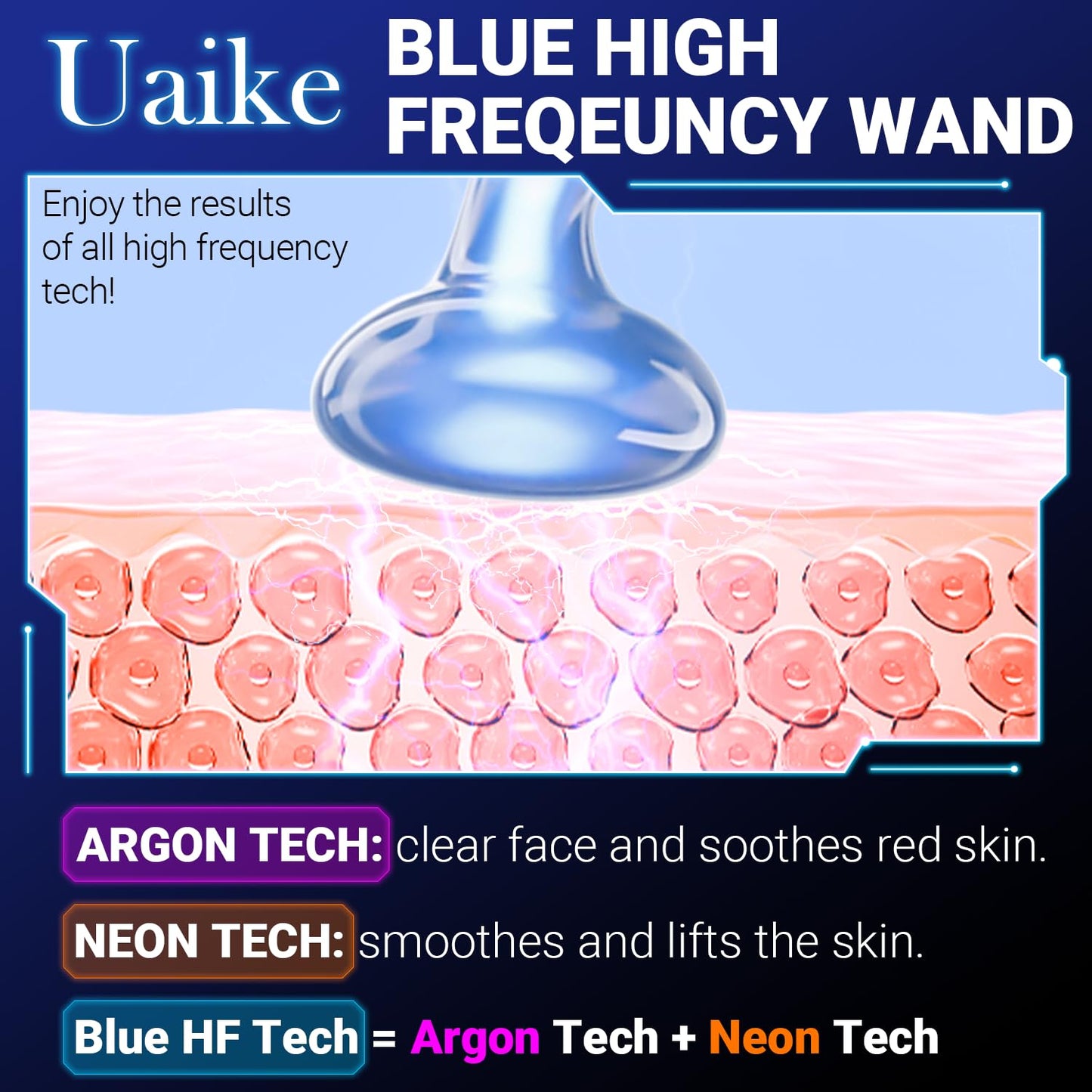 High Frequency Facial Wand - Uaike Portable Handheld Blue High Frequency Skin Facial Machine at Home - Skin Face Wand Device with 4 Different Blue Glass Tubes