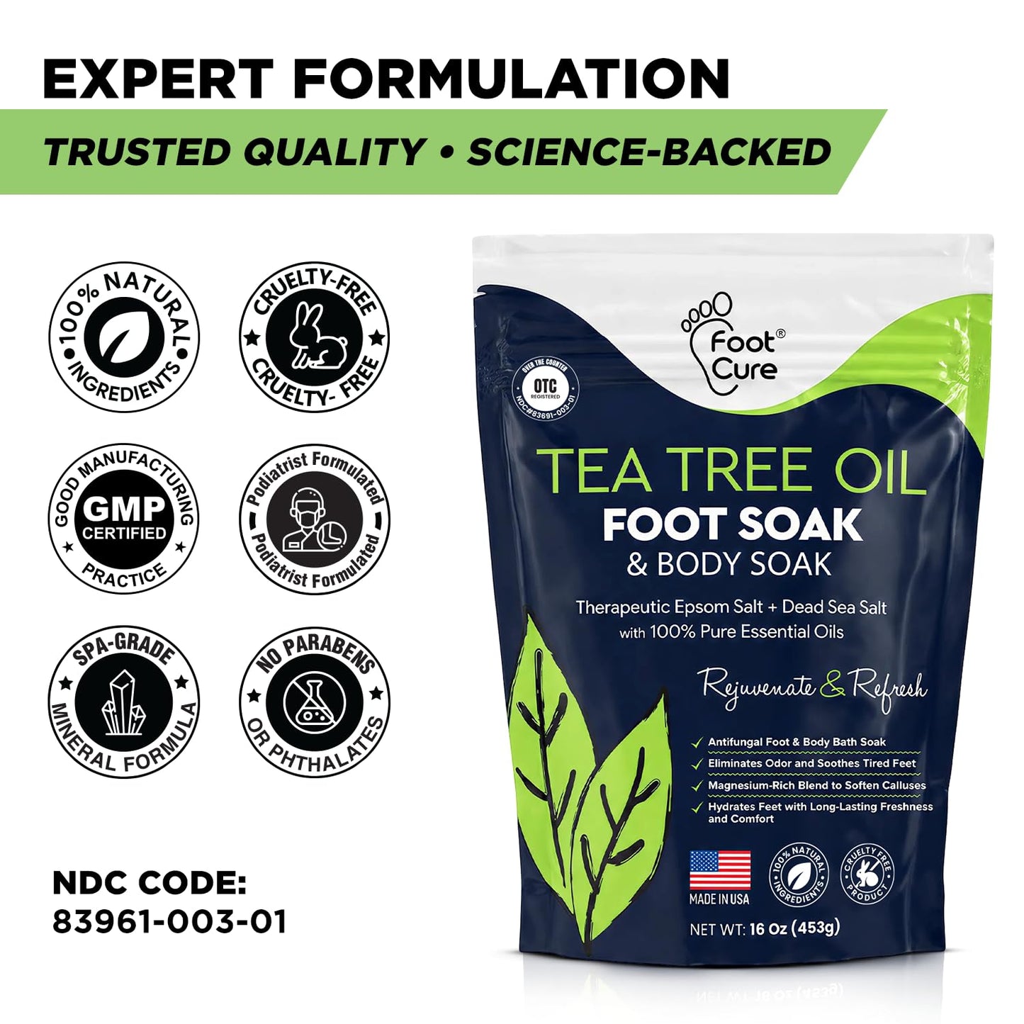 FOOT CURE Tea Tree Oil Foot Soak with Epsom Salt - Best Toenail Fungus Treatment, Athletes Foot & Softens Calluses - Soothes Sore & Tired Feet, Fungal Toe, Foot Odor Scent, Spa Pedicure (Pack of 2)