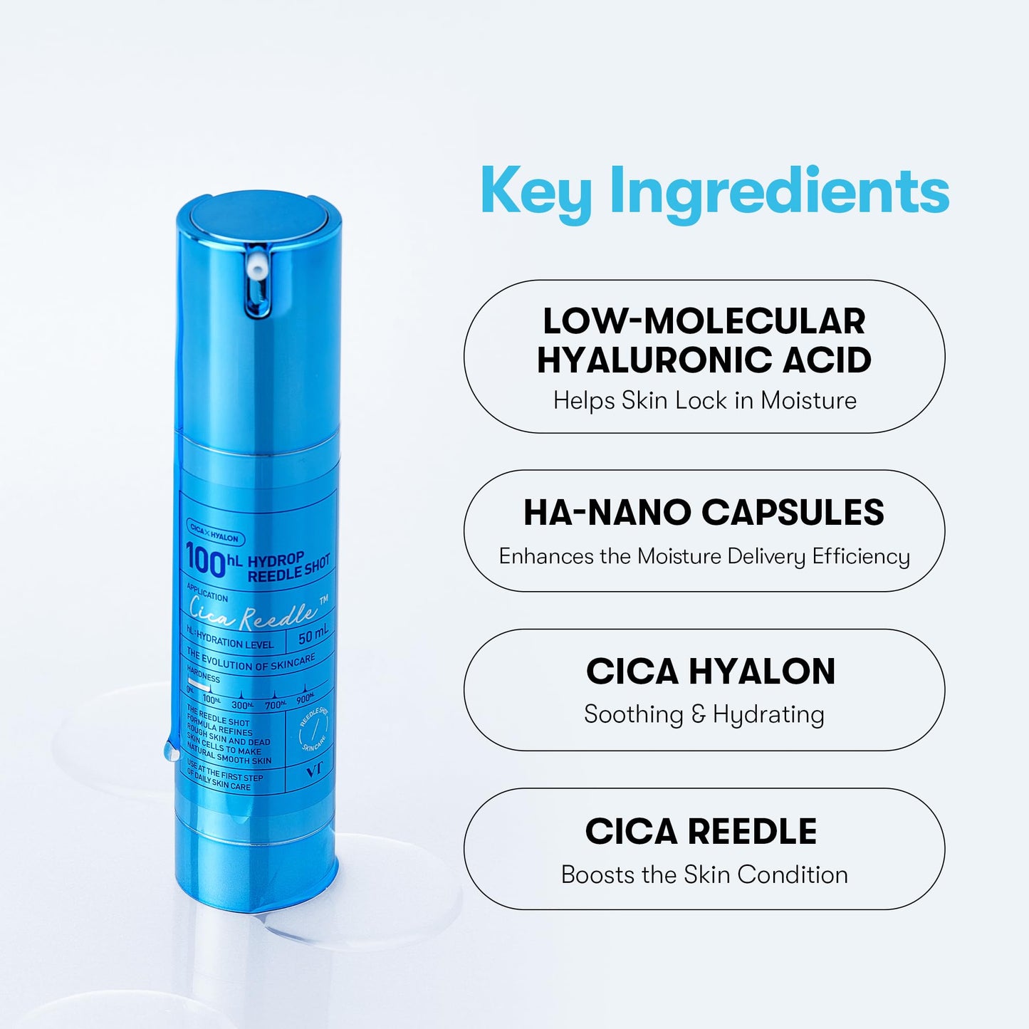 VT COSMETICS Hydrop Reedle Shot 100 Serum with Hyaluronic Acid & Hydrating Exosome Microneedling Formula, Korean Skin Booster, 1.69 fl oz(50ml)
