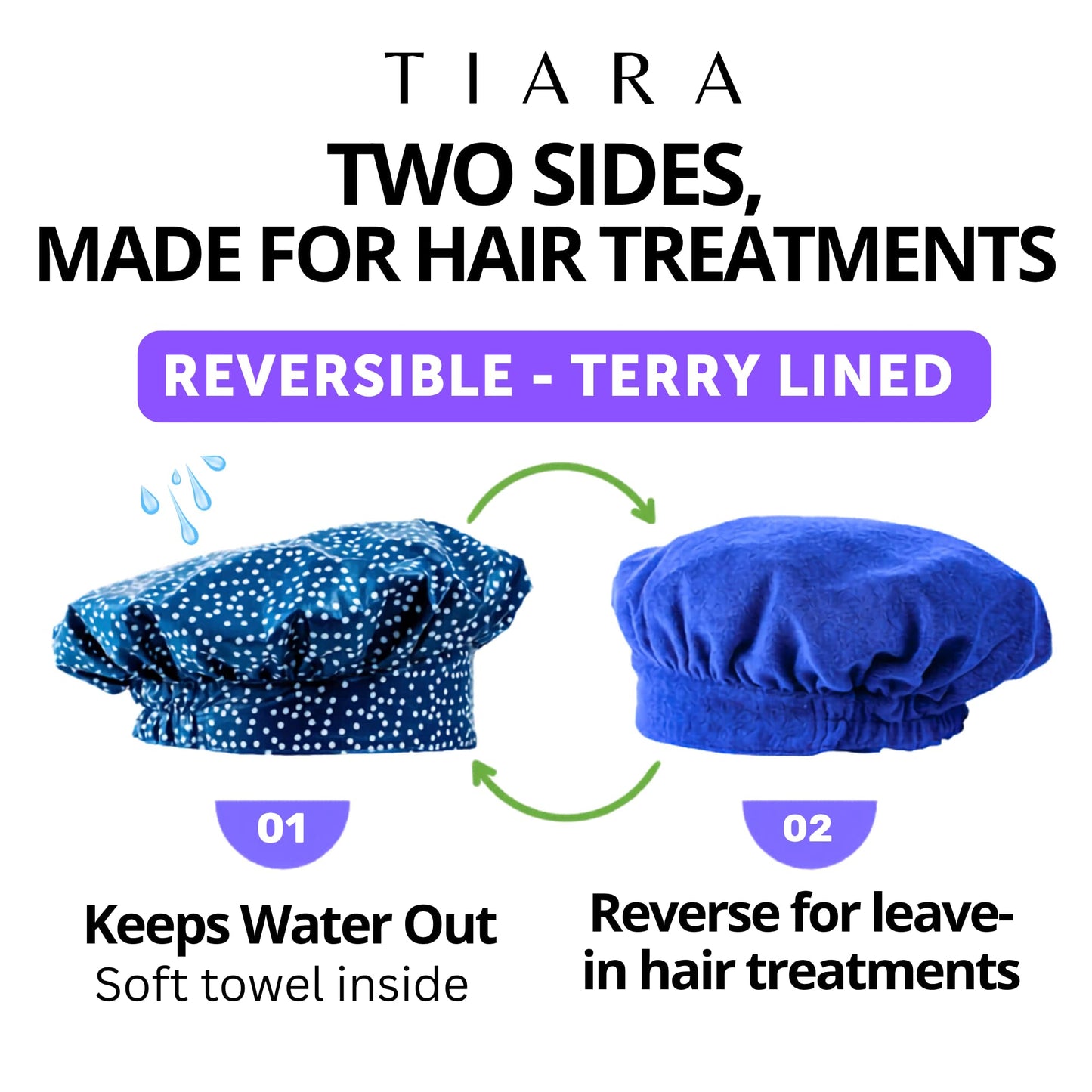 TIARA Reversible, Reusable, Waterproof Shower Cap – Large Shower Cap for Long. Short, Braided, or Thick Hair, Reversible Deep Conditioning Hair Cap, Soft Terry Lined, Machine Washable (Blue Dots)