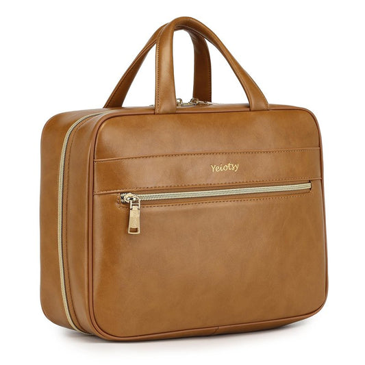 Yeiotsy Hanging Toiletry Bag - Waterproof Vegan Leather Organizer with Wet-Dry Compartments, Foldable Design for Camping, Gym & Business Travel (Brown, Large)