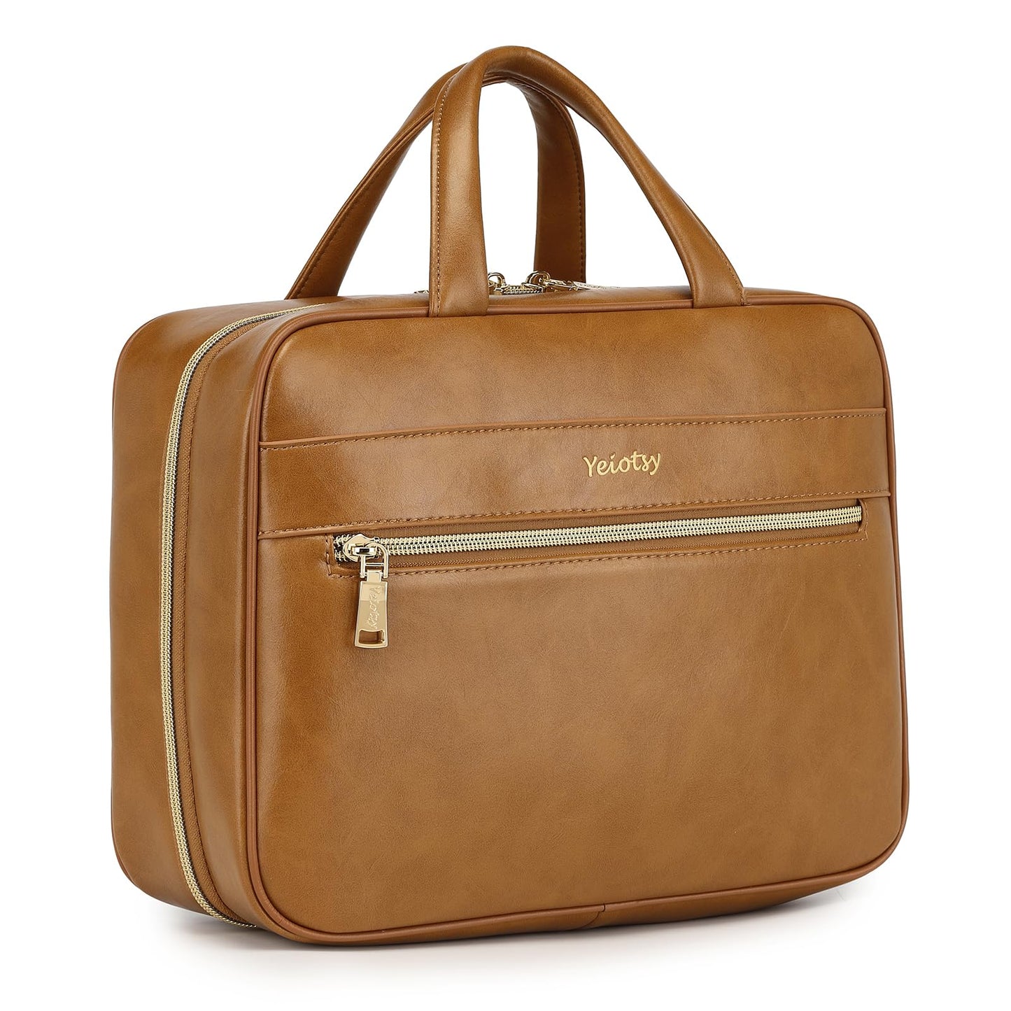 Yeiotsy Hanging Toiletry Bag - Waterproof Vegan Leather Organizer with Wet-Dry Compartments, Foldable Design for Camping, Gym & Business Travel (Brown, Large)