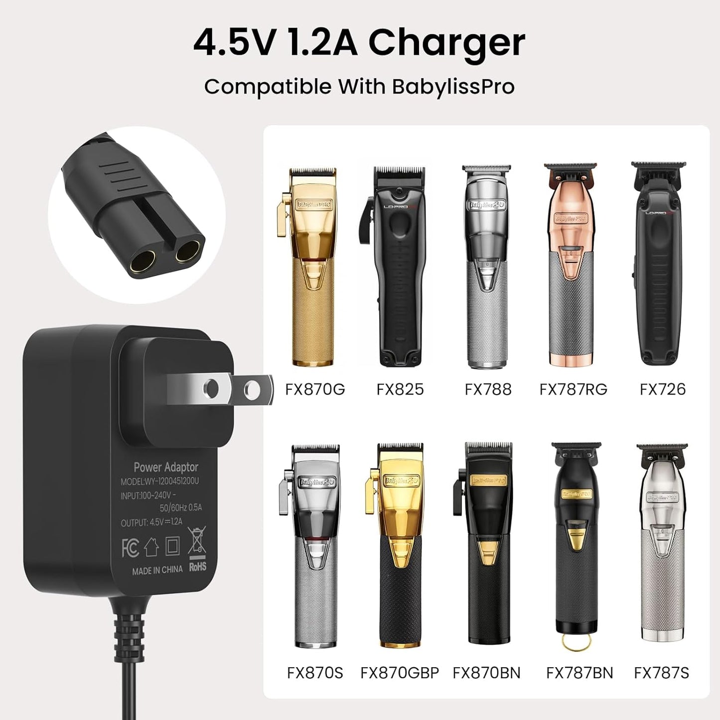 4.5V Charger for BaByliss GOLDFX Hair Clippers - Power Adapter for FX870, FX788, FX787, FX825, FX820, FX726, FXSSM