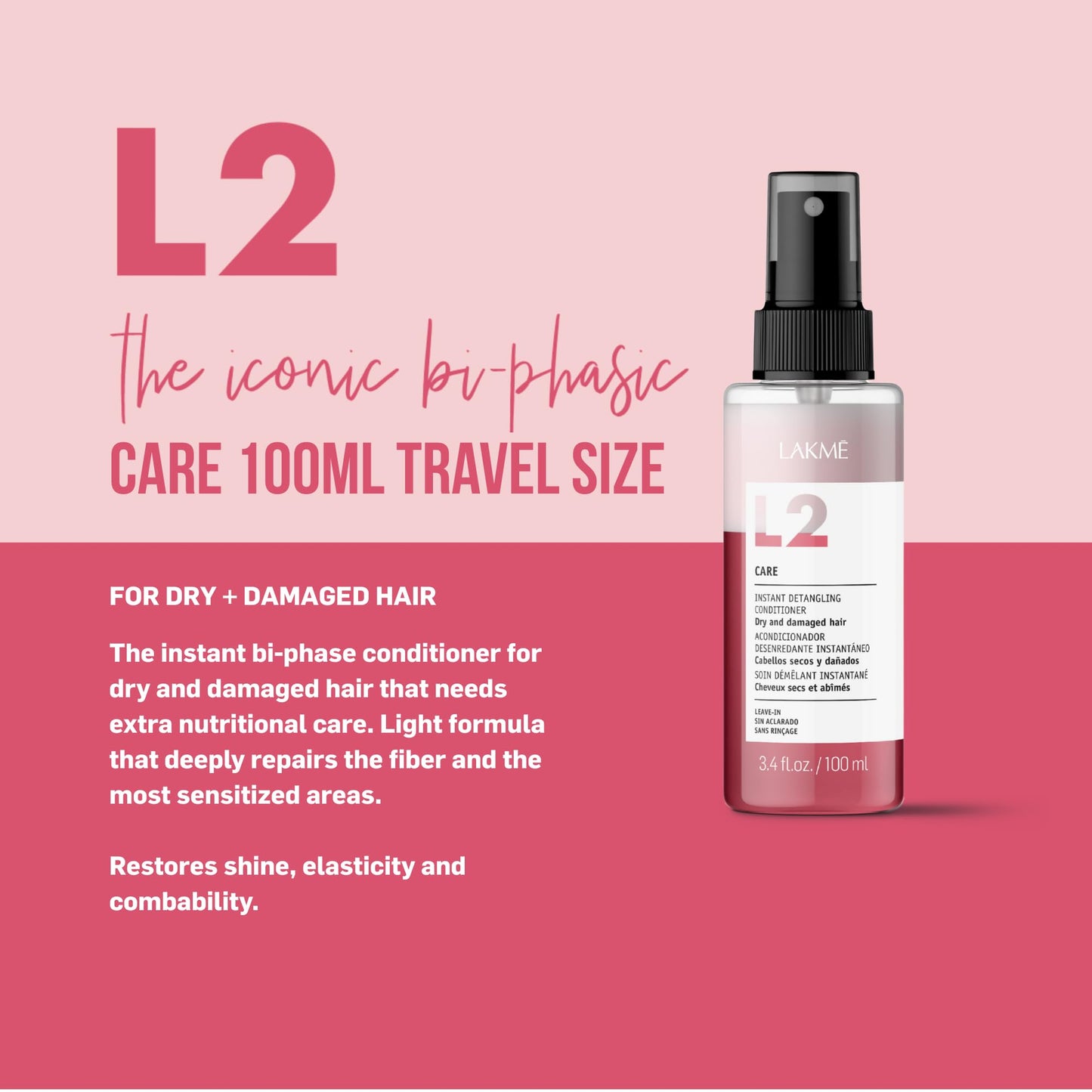Lakmé Travel Size L2 Care Bi Phase Conditioner, Detangling Spray for Hair, Leave In Conditioner Spray For Dry and Damaged Hair, 3.4 Fl Oz