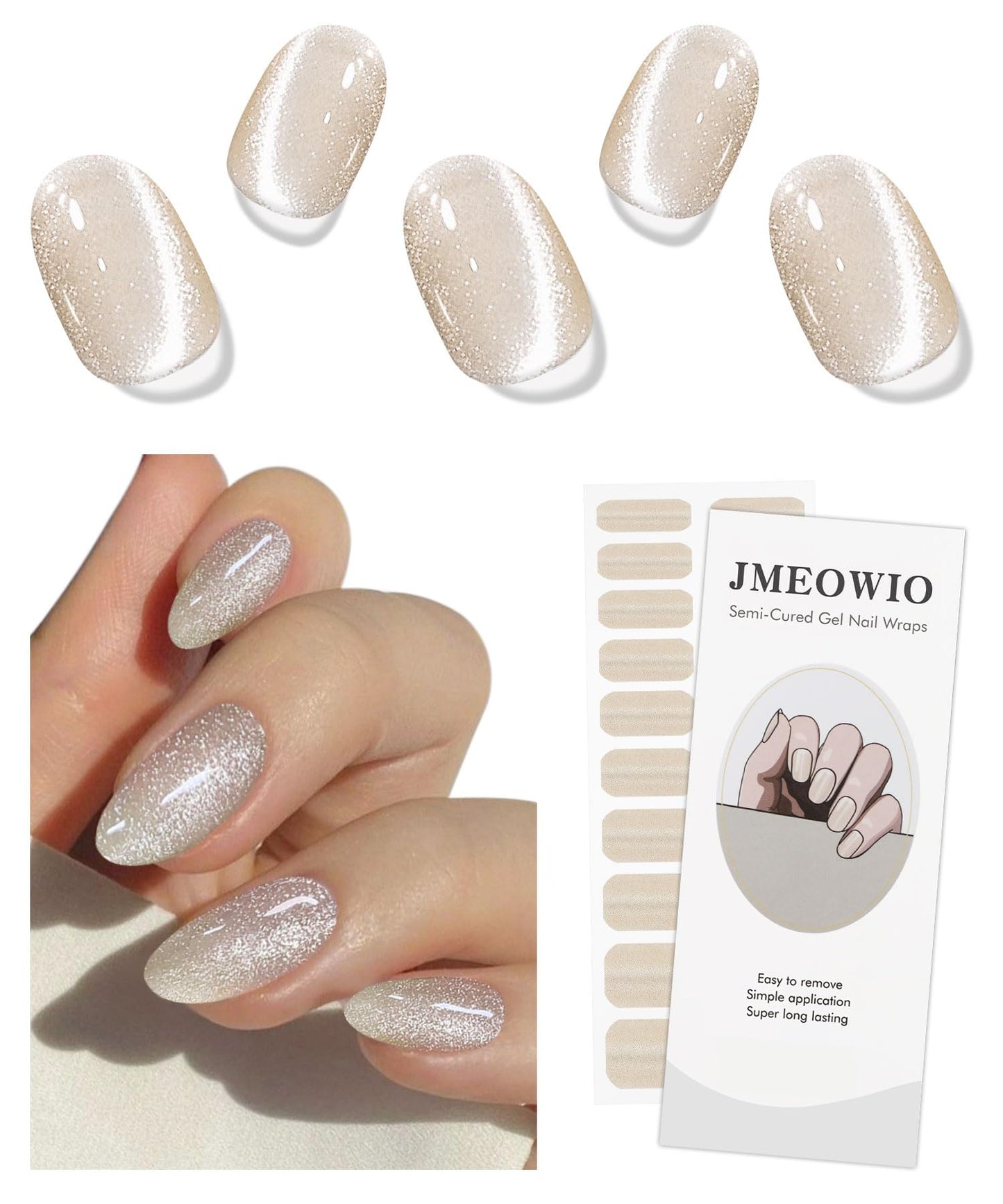 JMEOWIO Gel Nail Stickers Purple Red Glitter Cat Eyes Semi Cured Gel Nail Strips Wraps UV/LED Nails Art Design Decoration Accessories