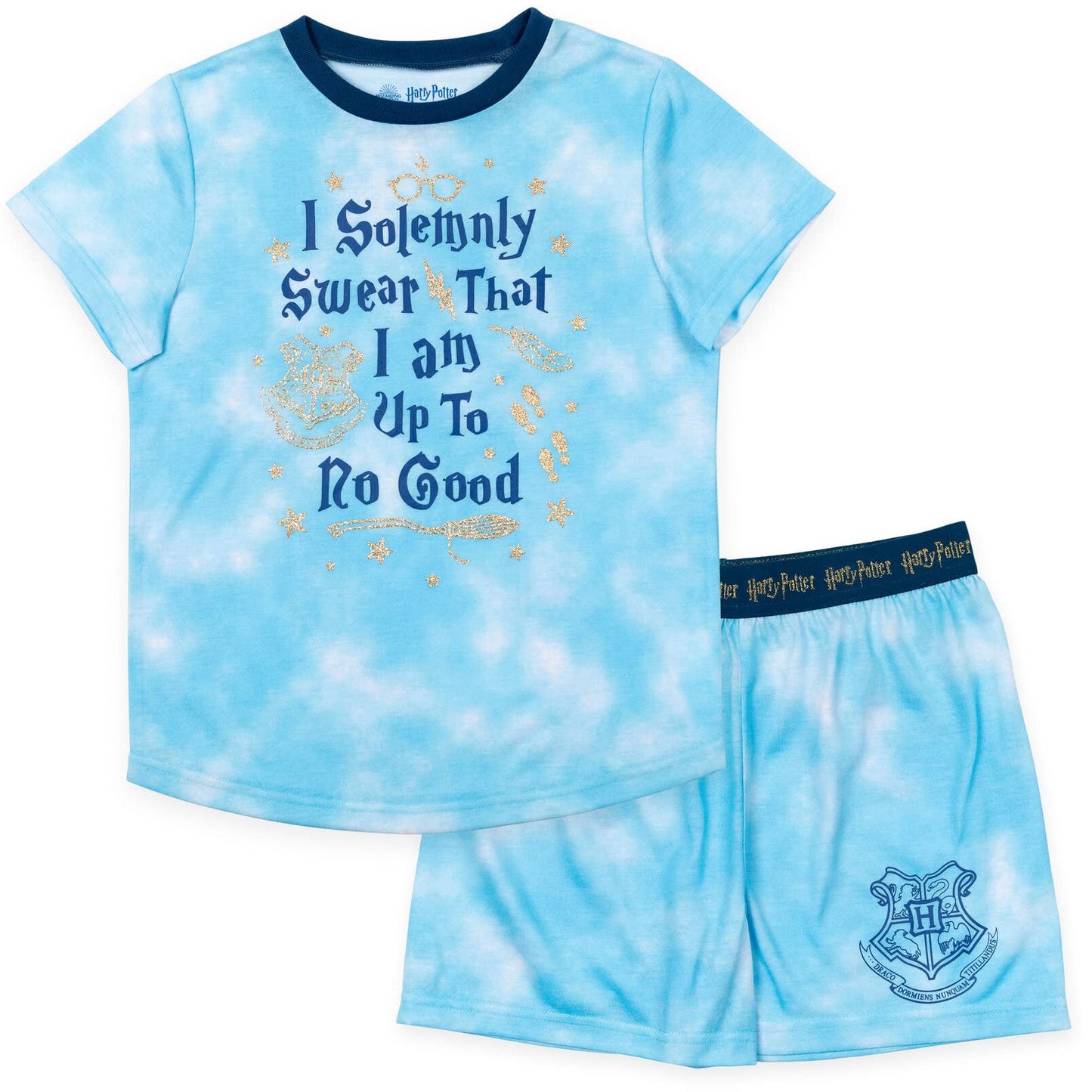 Harry Potter Gryffindor Hufflepuff Ravenclaw Slytherin Little Girls Pajama Shirt and Shorts Sleep Set Tie Dye Blue 7-8