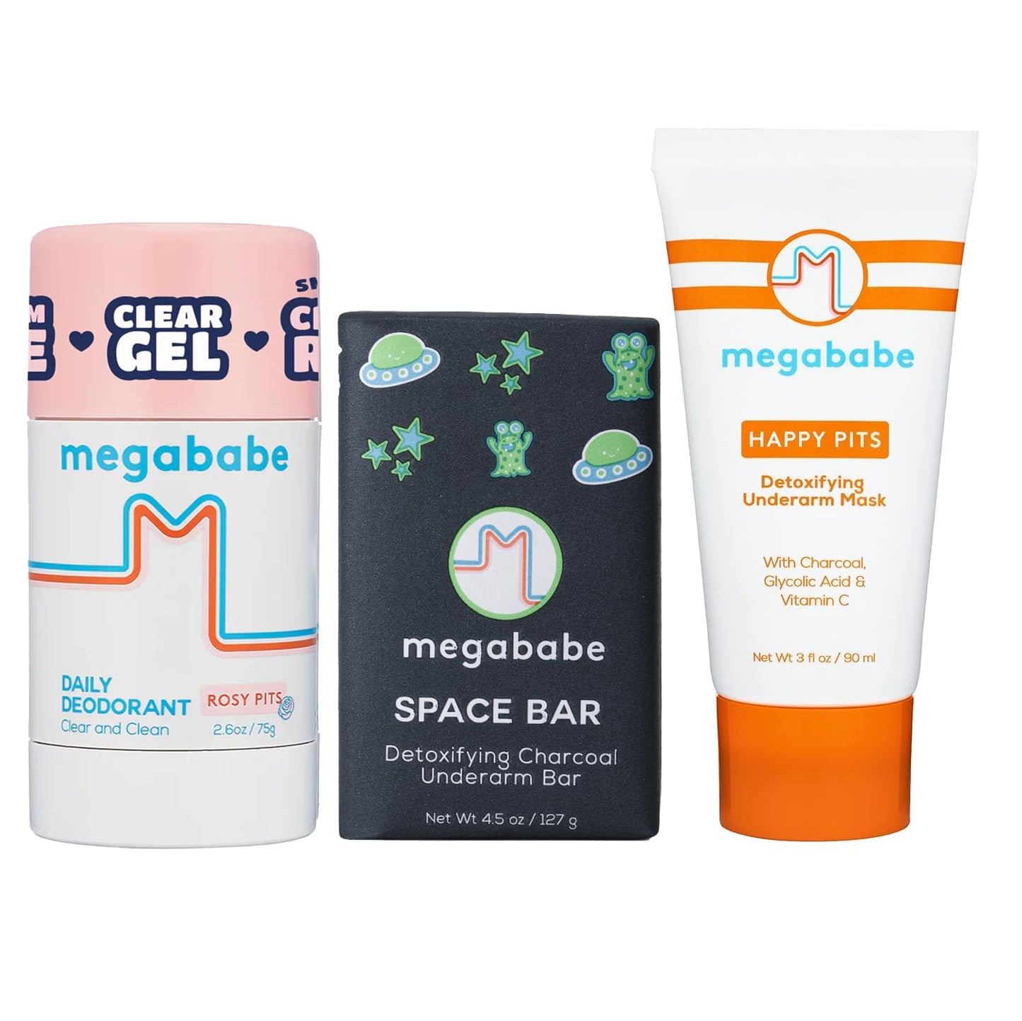 Megababe Ultimate Underarm 3-Piece Bundle - Rosy Pits Daily Deodorant 2.6 oz, Space Bar Detox Soap 3.5 oz & Happy Pits Underarm Mask 3 fl oz | Odor Protection, Aluminum Free