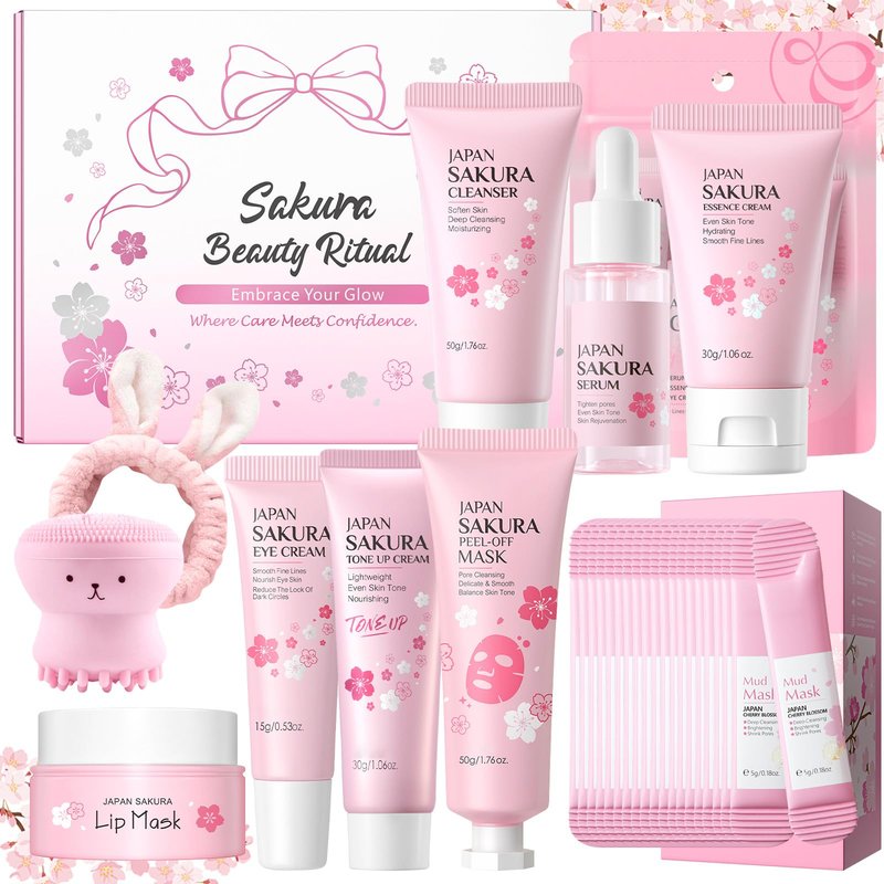 29Pcs Sakura Skincare Set, Skincare for Girls 10-12, Complete Skincare Routine for Clean, Soft and Hydrated Skin, Perfect Easter Basket Stuffers for Teen Girls