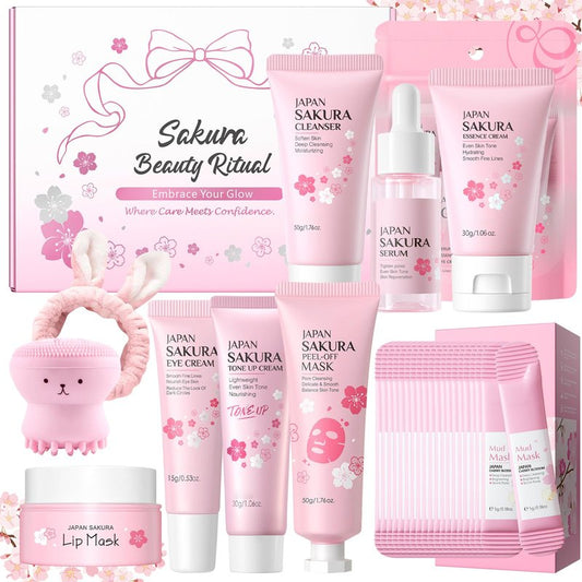 29Pcs Sakura Skincare Set, Skincare for Girls 10-12, Complete Skincare Routine for Clean, Soft and Hydrated Skin, Perfect Easter Basket Stuffers for Teen Girls