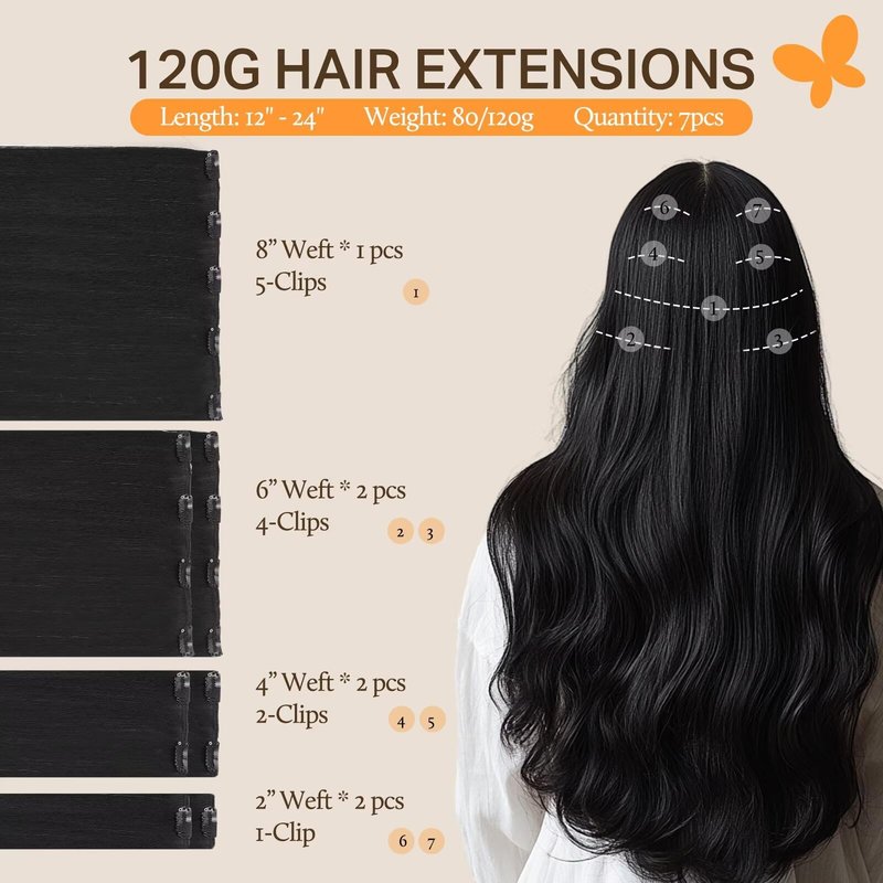 DOORES Hair Extensions Clip in Human Hair Jet Black 18 Inch 7pcs 120g Clip in Real Human Hair Extensions Natural Straight Remy Hair Extensions