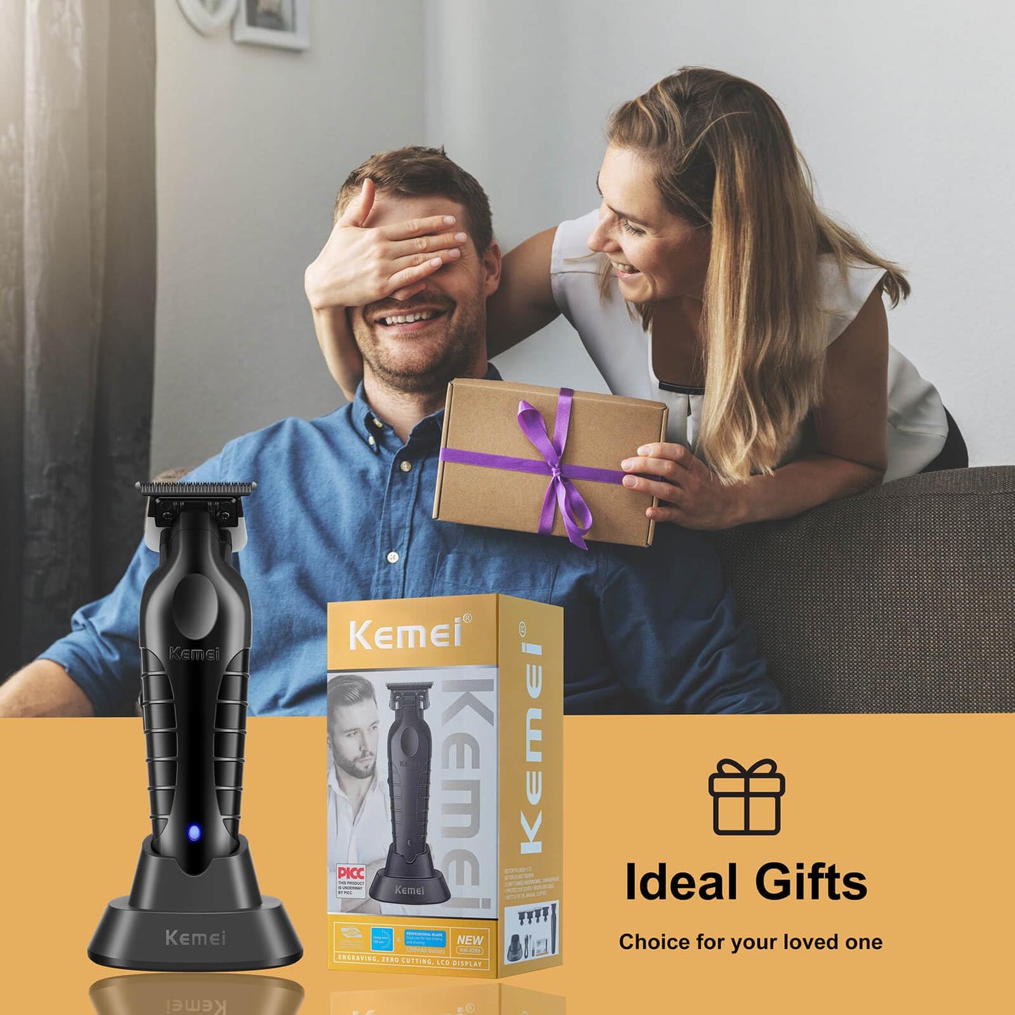 KEMEI PG2299 Hair Trimmer for Men with Charging Dock, Professional Cordless T-Blade Clippers for Edging & Lining, Barber Zero Gap Trimmers, USB Rechargeable Kit with Storage Base (Black)