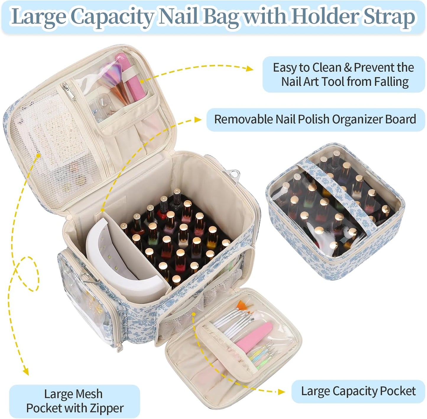 Nail Polish Organizer - Portable Storage for 42+ Bottles & Lamp | Travel Nail Kit Case - Blue Flower Design