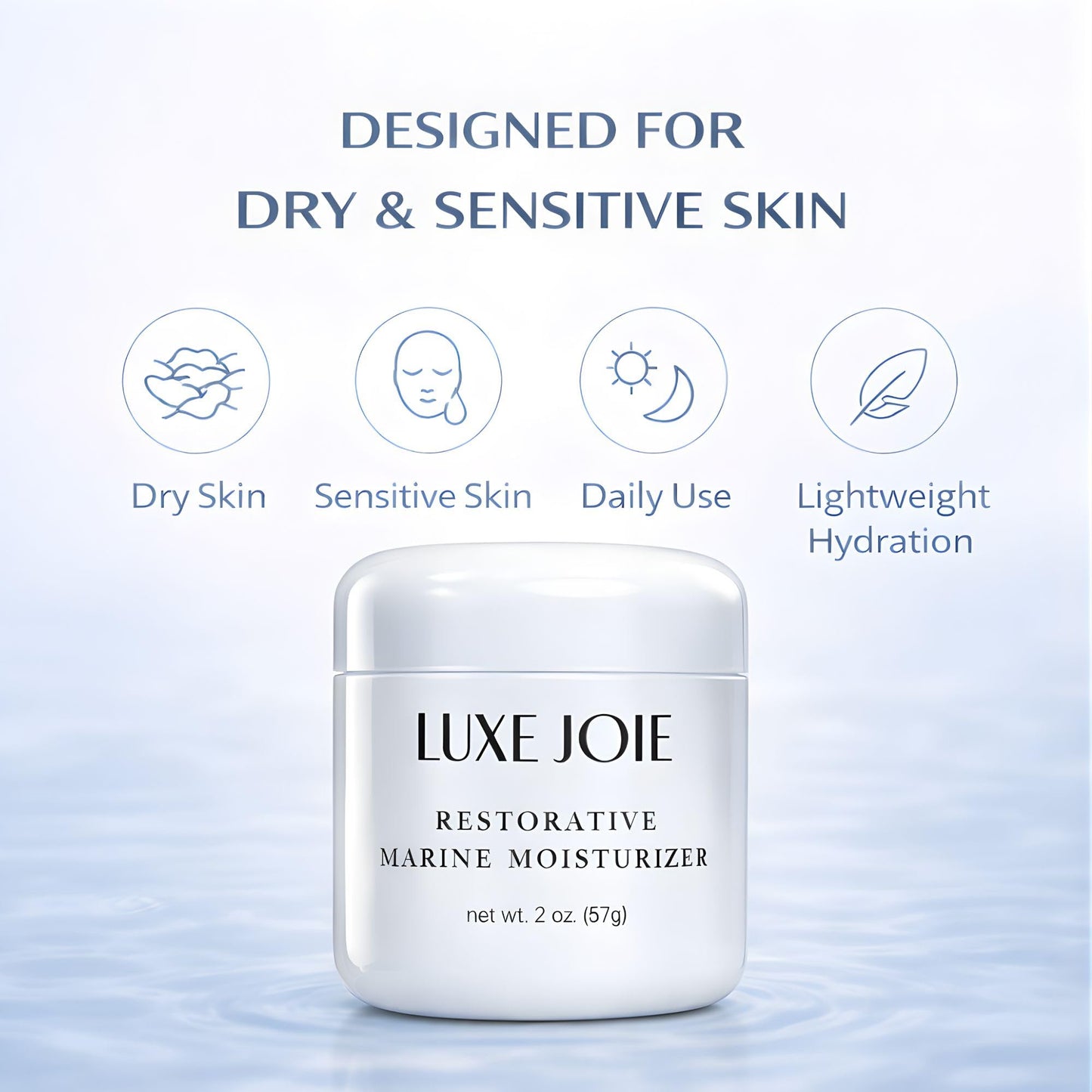 LuxeJoie Hydrating Face Cream for Dry & Sensitive Skin – Lightweight Moisturizer with Hyaluronic Acid, Aloe & Marine Botanicals – Soft Non-Greasy Finish Restorative Marine Moisturizer 2 oz