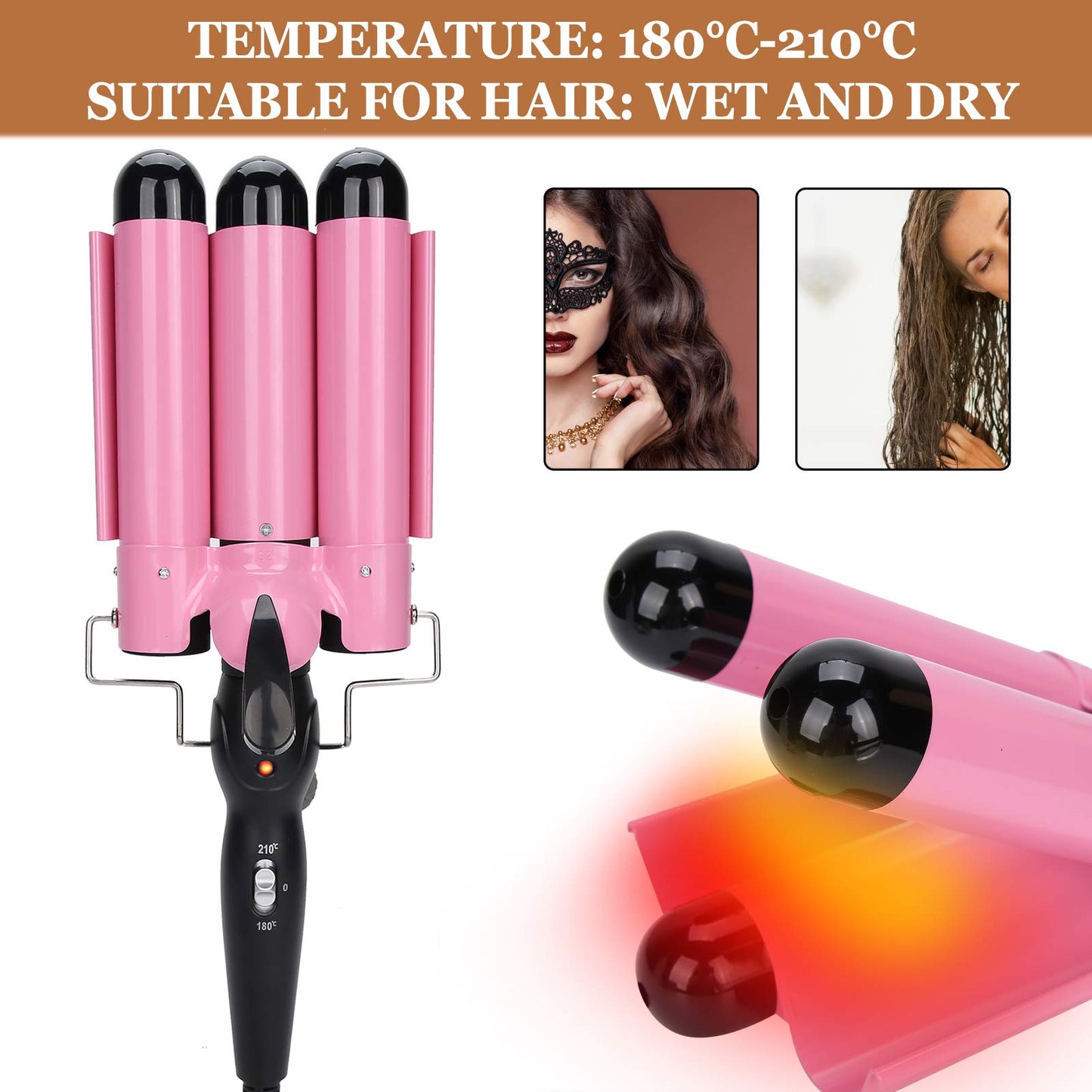 3 Curling Iron Wand, 1 Inch Ceramic Tourmaline Triple Barrels, Hair Crimper Beach Waving Styling Tools with Temperature Adjustment and Dual Voltage for All Hair
