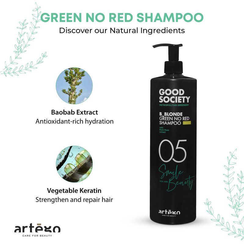 Artègo Good Society B_Blonde Green No Red Shampoo – Tone Neutralizing Shampoo for Blonde, Brunette, Bleached & White Hair (33.8 oz)