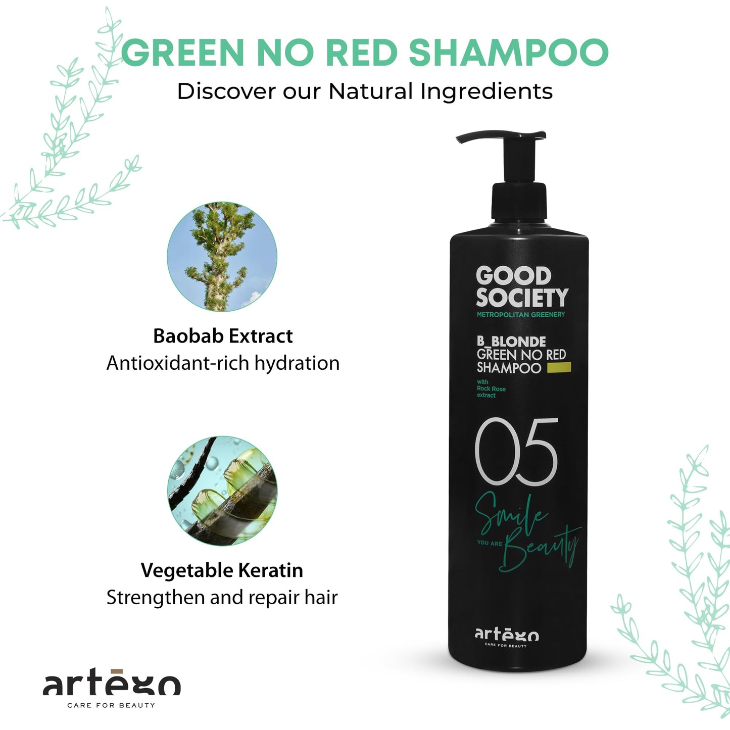 Artègo Good Society B_Blonde Green No Red Shampoo – Tone Neutralizing Shampoo for Blonde, Brunette, Bleached & White Hair (33.8 oz)