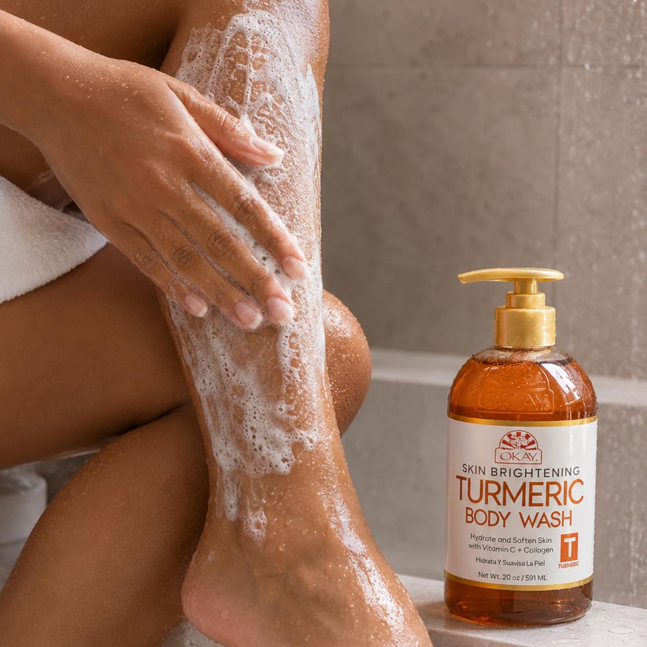 OKAY Turmeric Skin Brightening Body Wash 20 oz – Vitamin C & Collagen Glow Cleanser for Dark Spots & Even Skin Tone