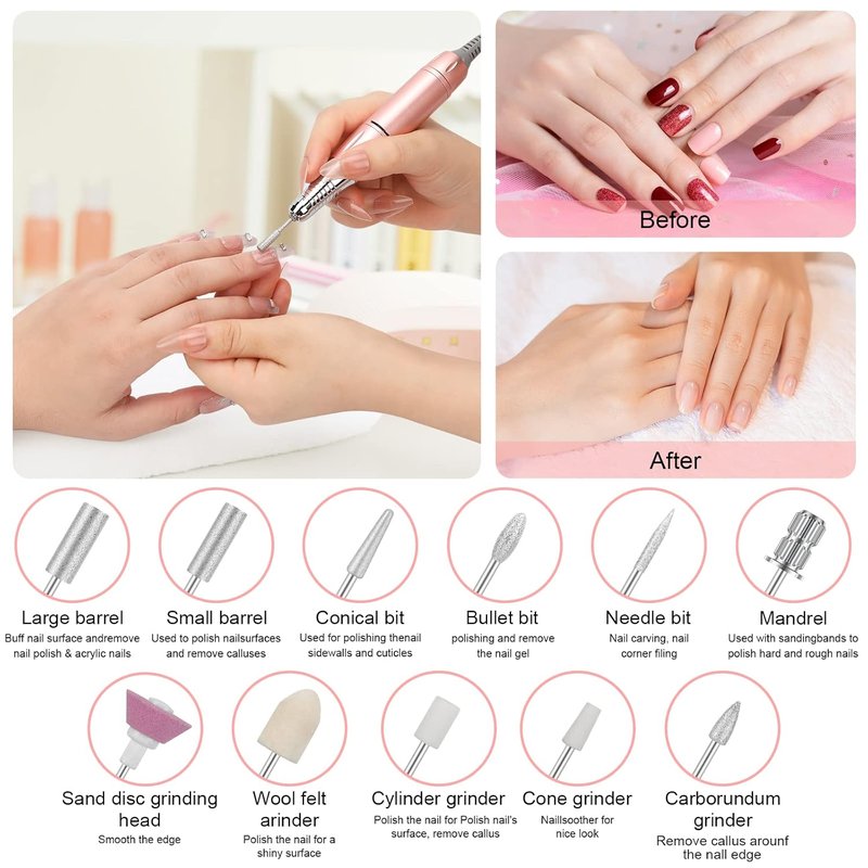 Professional Electric Nail Drill - 35000 RPM Cordless Nail File Kit with 11 Bits for Acrylic & Gel Nails | Portable Manicure & Pedicure Tool