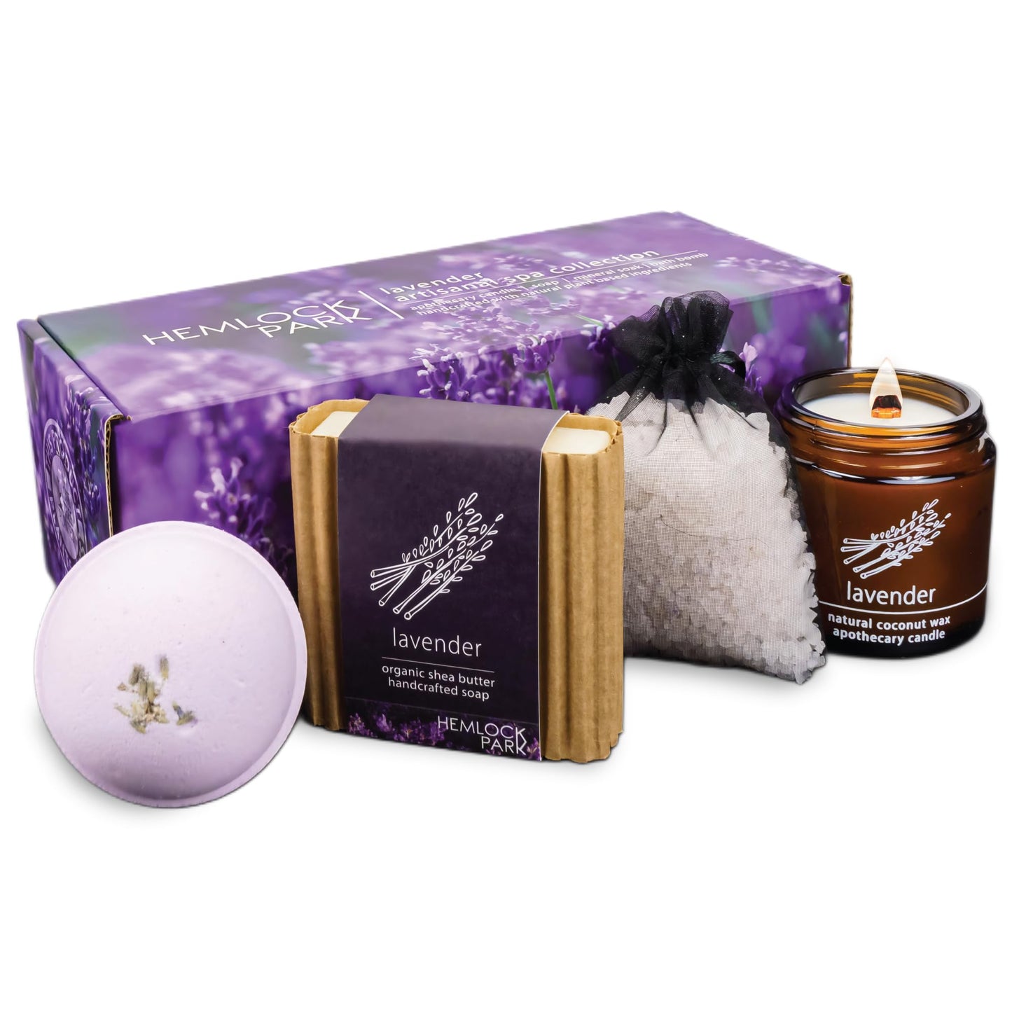 Hemlock Park Lavender Artisanal Spa Gift Box | Apothecary Candle, Shea Butter Soap, Bath Bomb, Mineral Salt Bath Soak | Handcrafted with Plant Based Ingredients